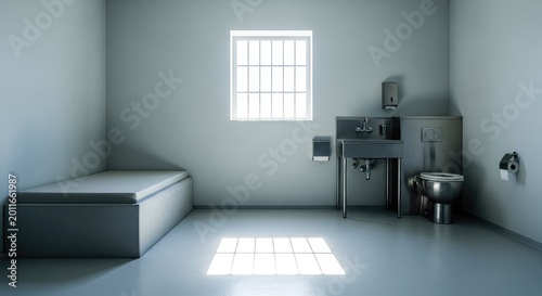 A stark minimalist prison cell features a narrow bed, a stainless steel sink, and a small barred window with light streaming onto the floor, solitary, metal, neutral