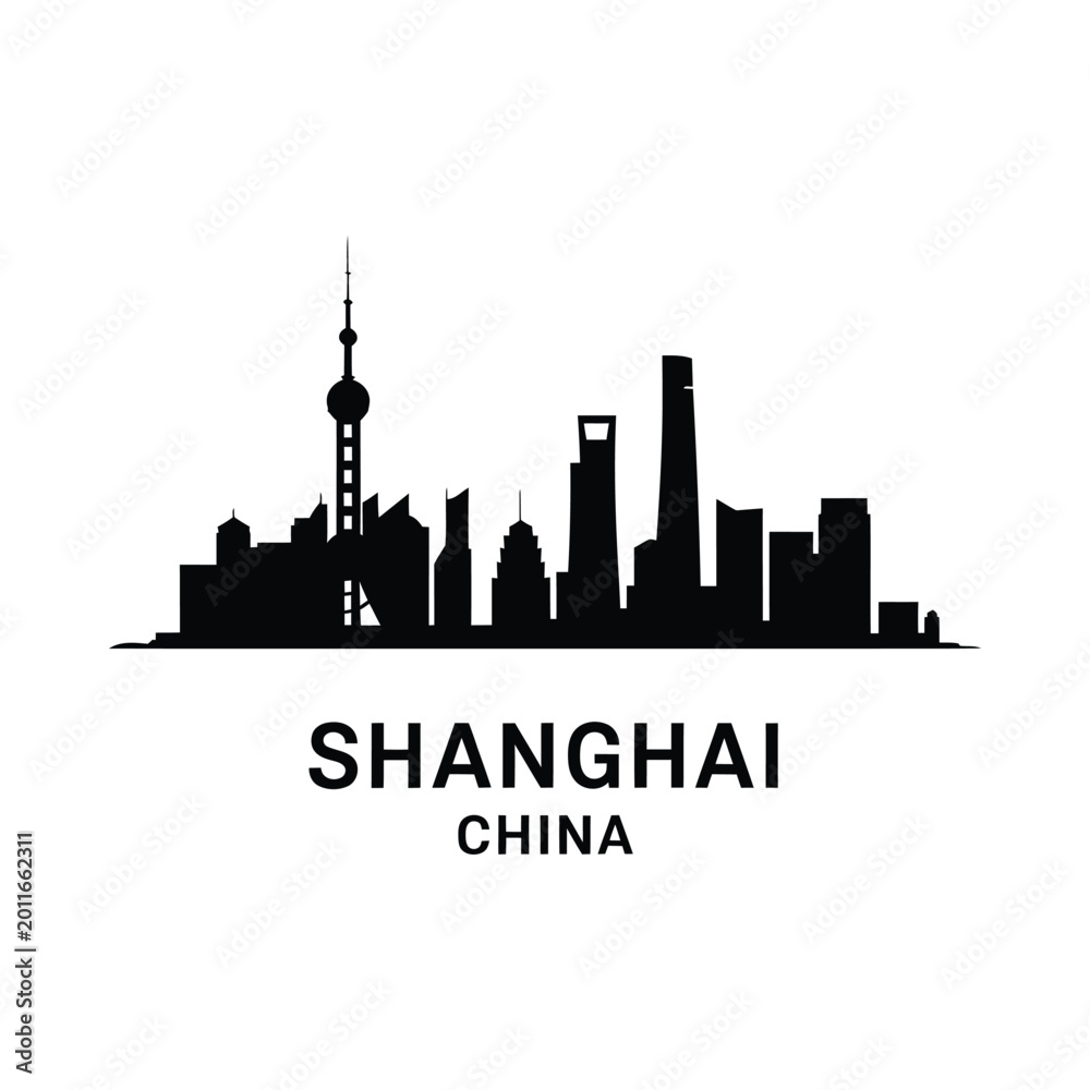 Naklejka premium Shanghai skyline silhouette with city name and country text
