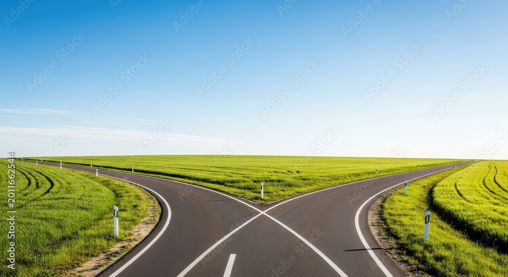Obraz premium A winding asphalt road splits into two distinct paths through a vast green field under a clear sky, representing a critical life decision, direction, divide, movement