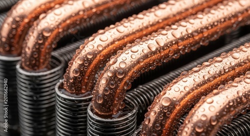 Close-up of polished copper coils with fresh condensation droplets, illustrating the efficient heat exchange in an industrial cooling unit, metal, machinery, technical
