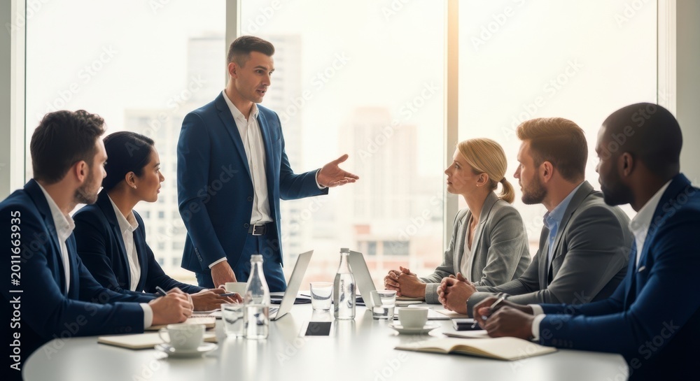 Fototapeta premium business team discussion in a meeting room with a city view