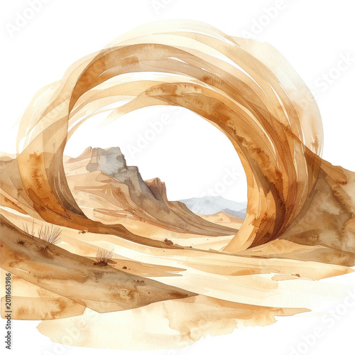 Watercolor depiction of a desert arch with mountainous terrain, rendered in warm, earthy tones