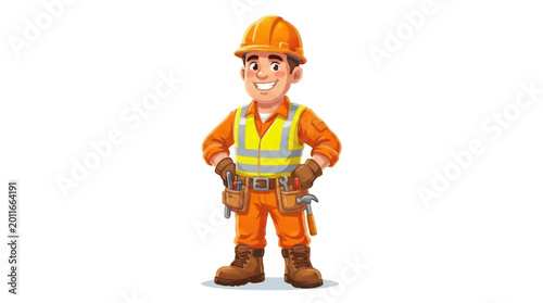 A cartoon construction worker wearing an orange jumpsuit and safety vest standing confidently with tools in hand against a plain white background.