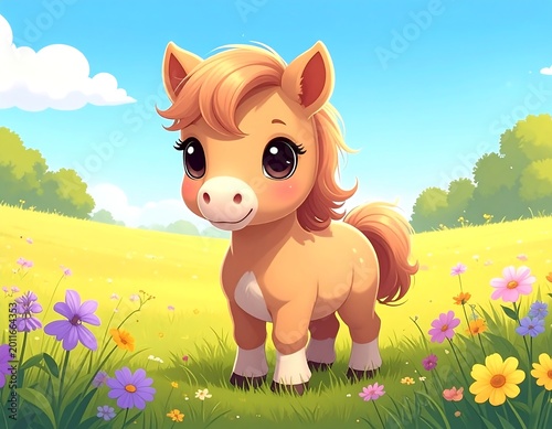 Cute Cartoon Pony Standing in Sunny Flower Meadow