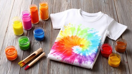 Colorful tie dye pattern on a white fabric top is surrounded by glass jars filled with vibrant pigment and wooden brushes on a rustic wooden table.