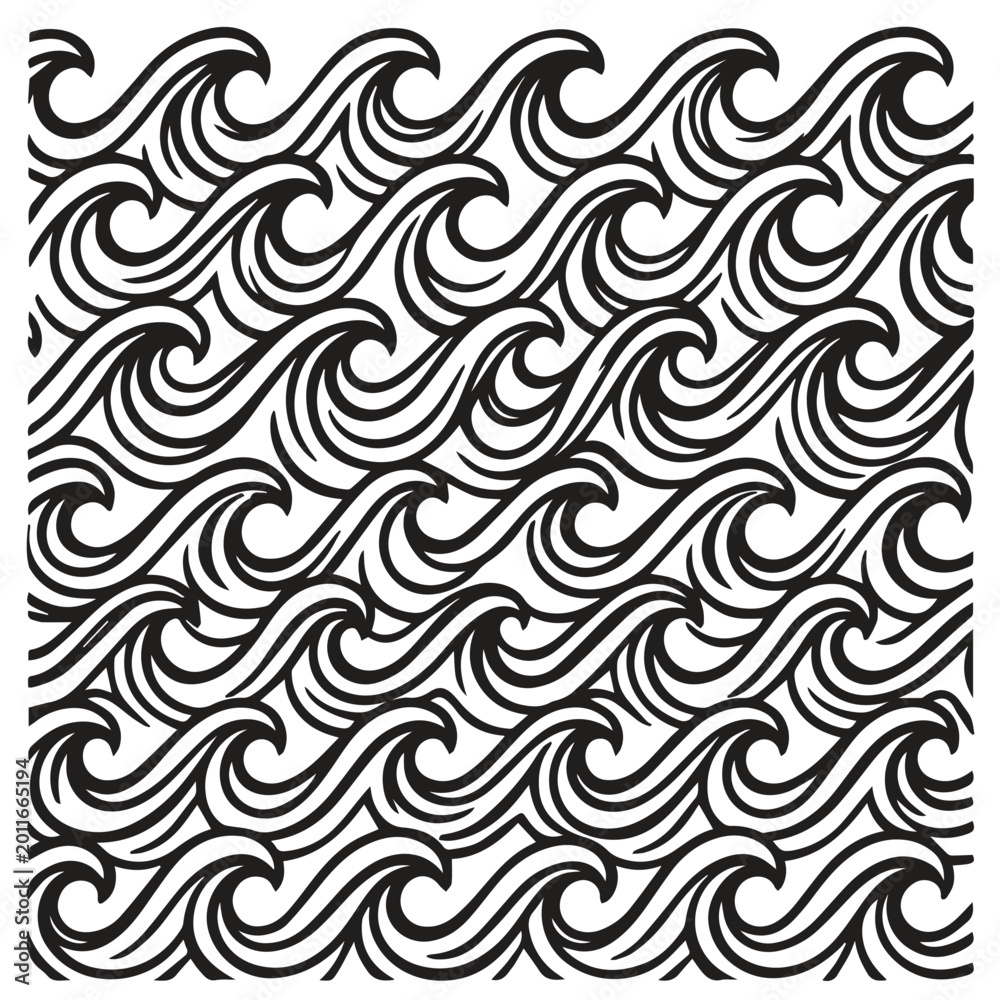 Fototapeta premium Seamless pattern of detailed stylized ocean waves in black and white