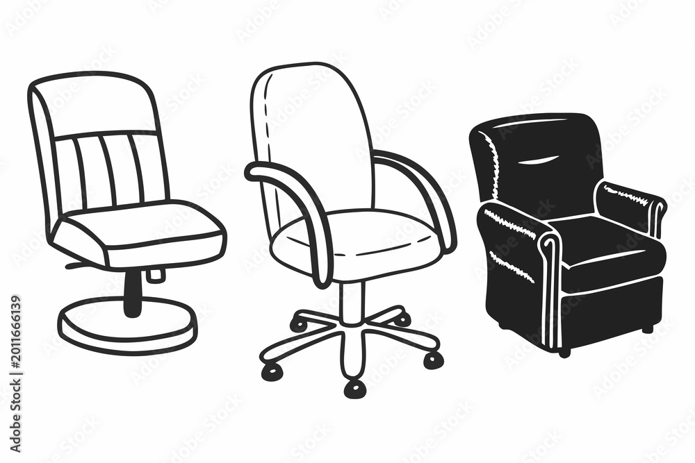 Obraz premium Three different types of office chairs are shown in various styles