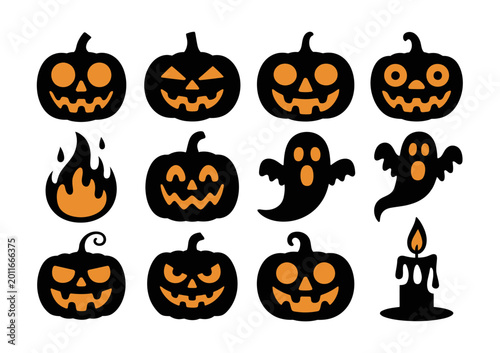 Tableau sur toile Halloween vector set with pumpkins, ghosts, and flames on light background