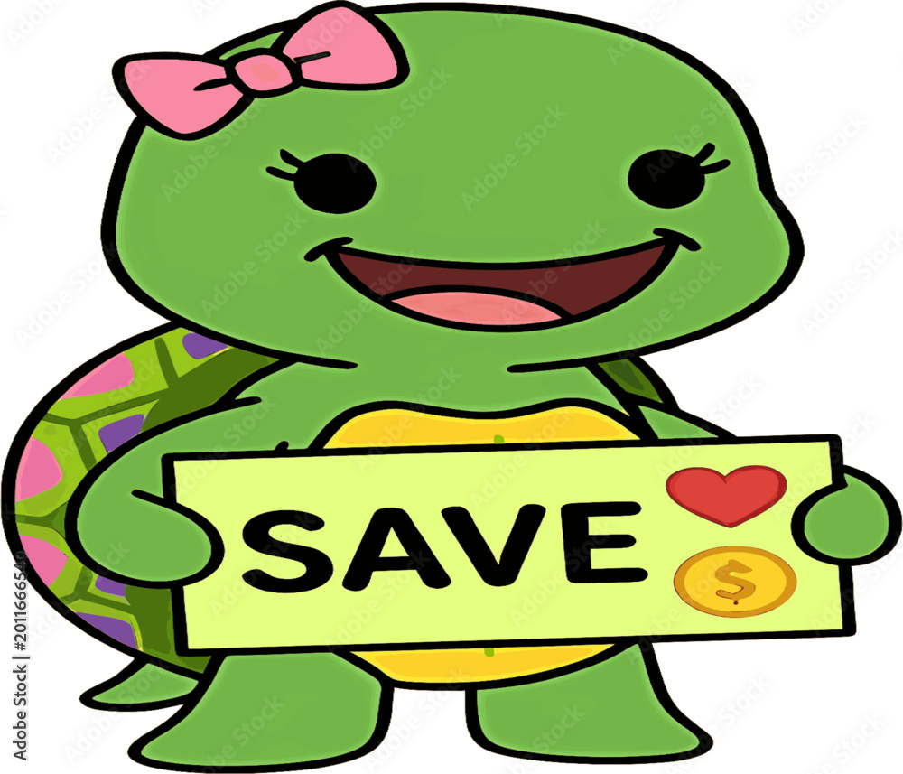 Obraz premium Business Vector Icon. Cute Girl Sea Turtle with Pink Bow Holding Save Sign Money Concept.