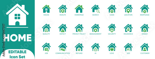Home Solid icon set. loan, town, landlord, insurance, location, mortgage, illustration, repair,Ai,and solid icons.