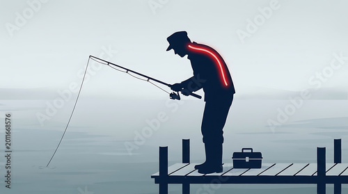 Fisherman's back pain from poor posture, highlighted spine, fishing from a dock. Health and activity concept.