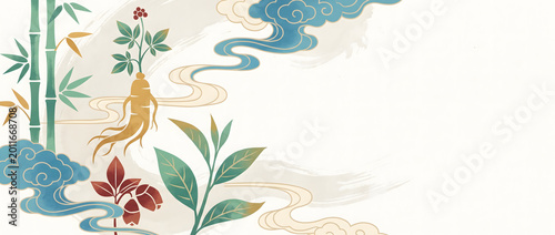 Traditional Chinese style illustration featuring ginseng root, bamboo leaves, and cloud patterns with elegant hand-drawn elements