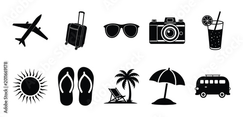 Set of summer travel essentials icons illustrating includes plane, travel bag, sunglasses, camera, drink, sun, flip-flop, palm tree, beach umbrella and camper van.