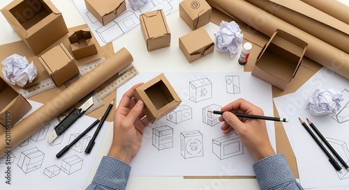 Designer sketching and creating cardboard box packaging prototypes
