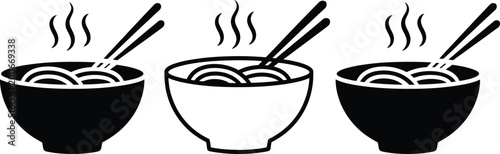 Photos Three bowls of steaming noodle soup with chopsticks resting inside each bowl