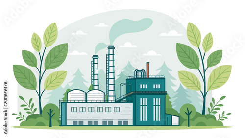 Eco friendly factory with smokestacks and trees around it in illustration