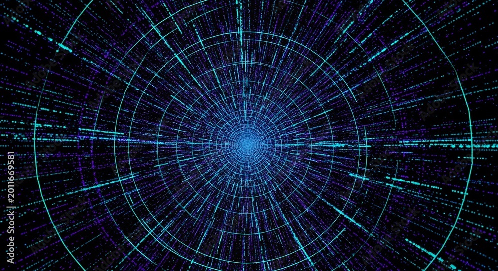 Fototapeta premium Abstract blue digital technology tunnel with glowing data particles