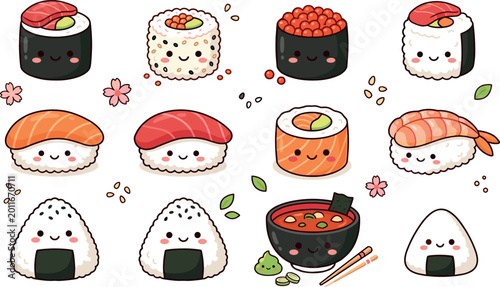 Cuadro en lienzo Kawaii Sushi and Japanese Food Collection with Cute Faces, Rice Balls, and Bowls