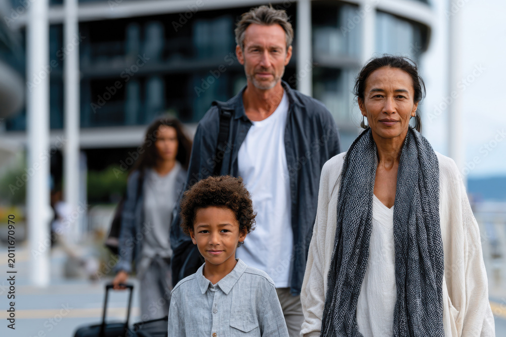 Obraz premium Happy Family Arriving Together at Travel Destination, Joyful Outdoor Lifestyle Scene, Quality Time and Cherished Moments, Vibrant Modern Environment, Warm Natural Light