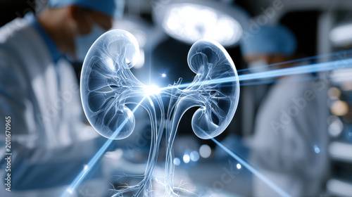 Holographic kidney anatomy digital organ medical technology surgical room blue light human body healthcare surgery science innovation futuristic hospital scene with holographic kidney anatomy