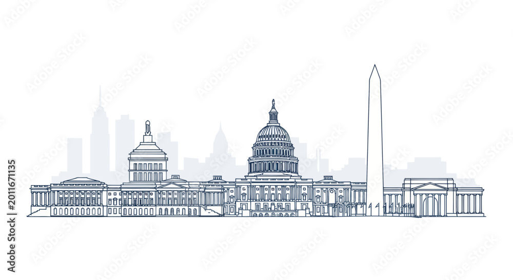 Εκτύπωση καμβά Washington DC Skyline Silhouette Outline Drawing - Capitol Building, Washington