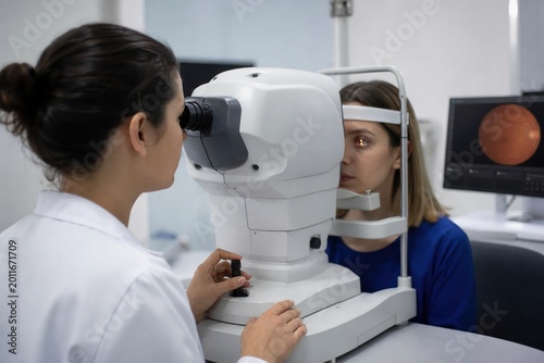 Optometrist conducting detailed retinal examination using advanced ophthalmologic imaging device in modern clinic, professional healthcare setting with focused patient and clear eye scan display