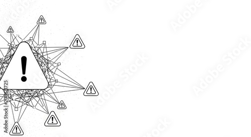 Abstract Cybersecurity Network Alert System with Exclamation Warning Icons on White Background