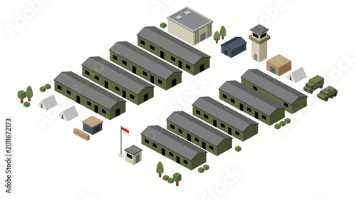 Tableau sur toile Isometric Military Base Complex Illustration with Army Barracks, Watchtower, and