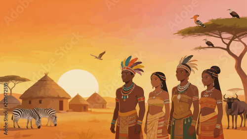 Foto African village sunset with people animals