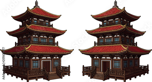 Traditional Chinese Pagoda Architecture Vector Set Featuring Intricate Details and Red Roof Designs for Cultural and Historical Themed Projects