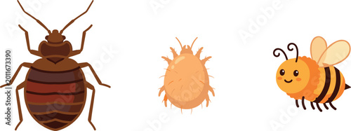Vector Illustration of Bed Bug, Mite, and Bee with Cute Faces for Insect, Pest Control, and Nature Designs