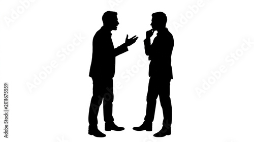 Bild auf Leinwand Two businessmen silhouettes in conversation against a white background