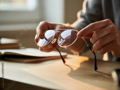 Close-up of male hands holding classic-framed glasses over table
