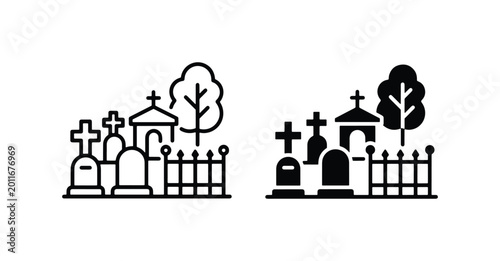 Canvas Print Cemetery Icons Set, Gravestone and Cross Graphics, Funeral and Memorial Vector A
