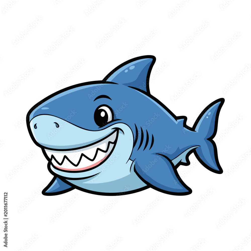 Naklejka premium Cute cartoon shark with big smile and sharp teeth.