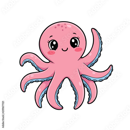 Cute Pink Octopus Cartoon Character Illustration.