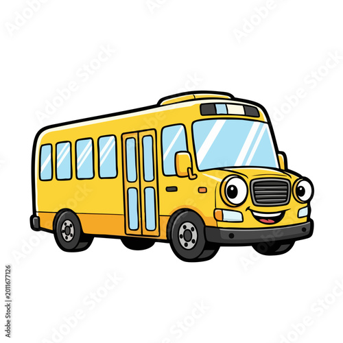 Cute cartoon yellow school bus with a happy face.