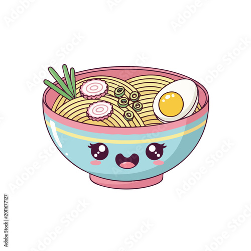 Cute Kawaii Ramen Bowl with Happy Face Illustration.