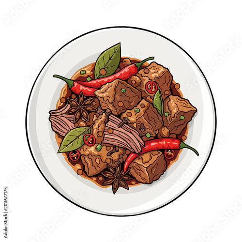 Delicious Braised Beef Stew with Spices and Chili Peppers.