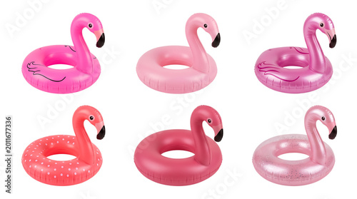 Set of inflatable pink flamingo pool floats isolated on transparent background for summer vacation