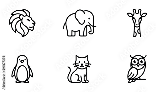 Canvas Print Minimalist Safari and Pet Animal Icons Set, Outline Vector Graphics: Lion, Eleph