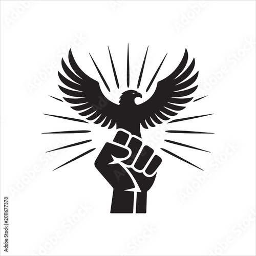 Black silhouette of eagle rising from fist with sunburst