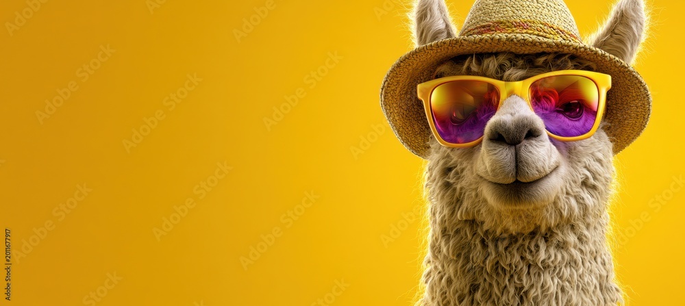 Fototapeta premium Alpaca Wearing Sunglasses At A Summer Drink Outdoors