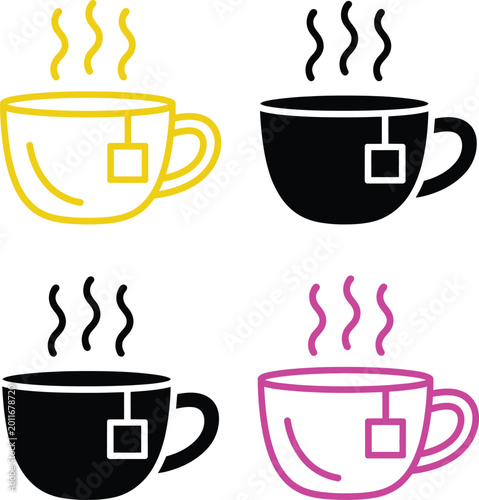 Quadro su tela Four stylized cups of tea with different outlines and steam effects