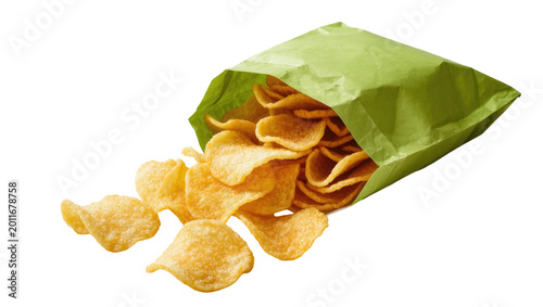 Tableau sur toile Green paper bag spilling potato chips, isolated on transparent background