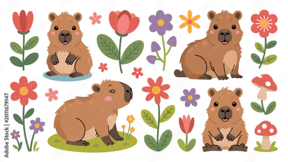 Fototapeta premium Cartoon badger and hedgehog surrounded by colorful flowers and mushrooms in a playful forest setting Vector