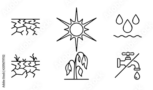 Drought and water scarcity icon set with parched dry land intense sun thirsty wilting plant and restricted water tap usage