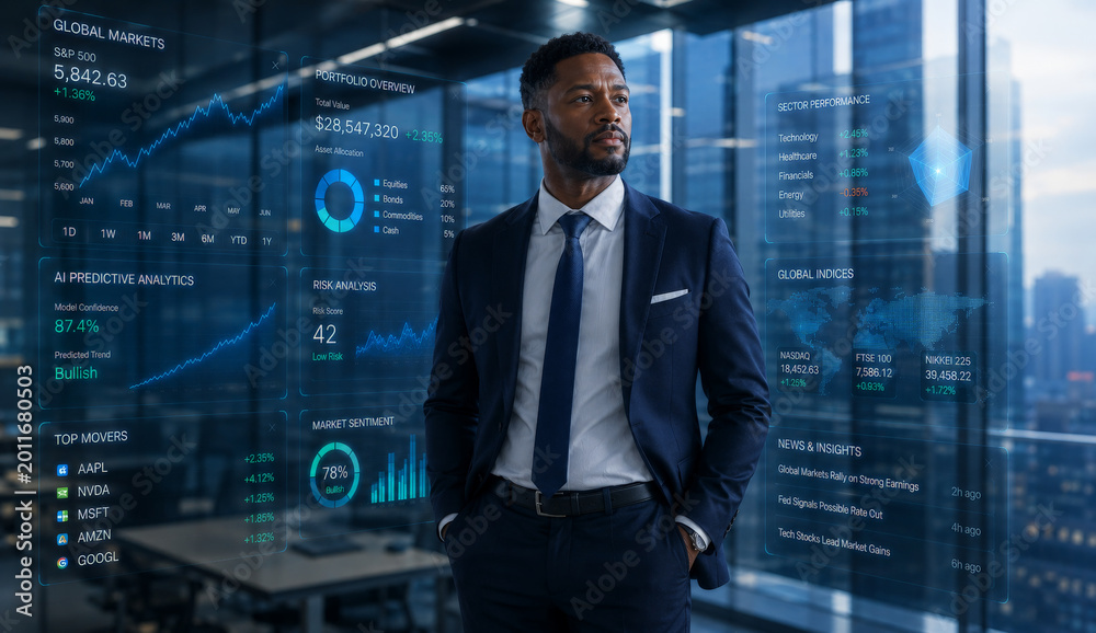 Fototapeta premium Businessman suit office digital data confident analytics finance city modern workspace