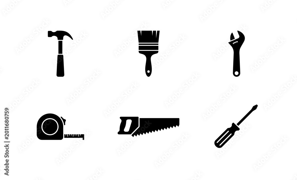 Fototapeta premium 6 construction tool silhouette icons hammer, paintbrush, wrench, tape measure, saw, screwdriver, solid black style, home improvement.