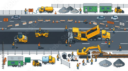 Construction site with heavy machinery and workers.